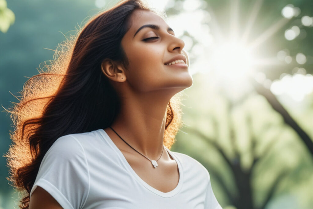 young asian woman taking a deep breath 199863