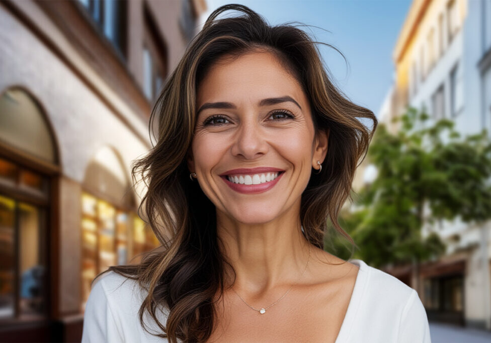 microneedling woman smiling in city street